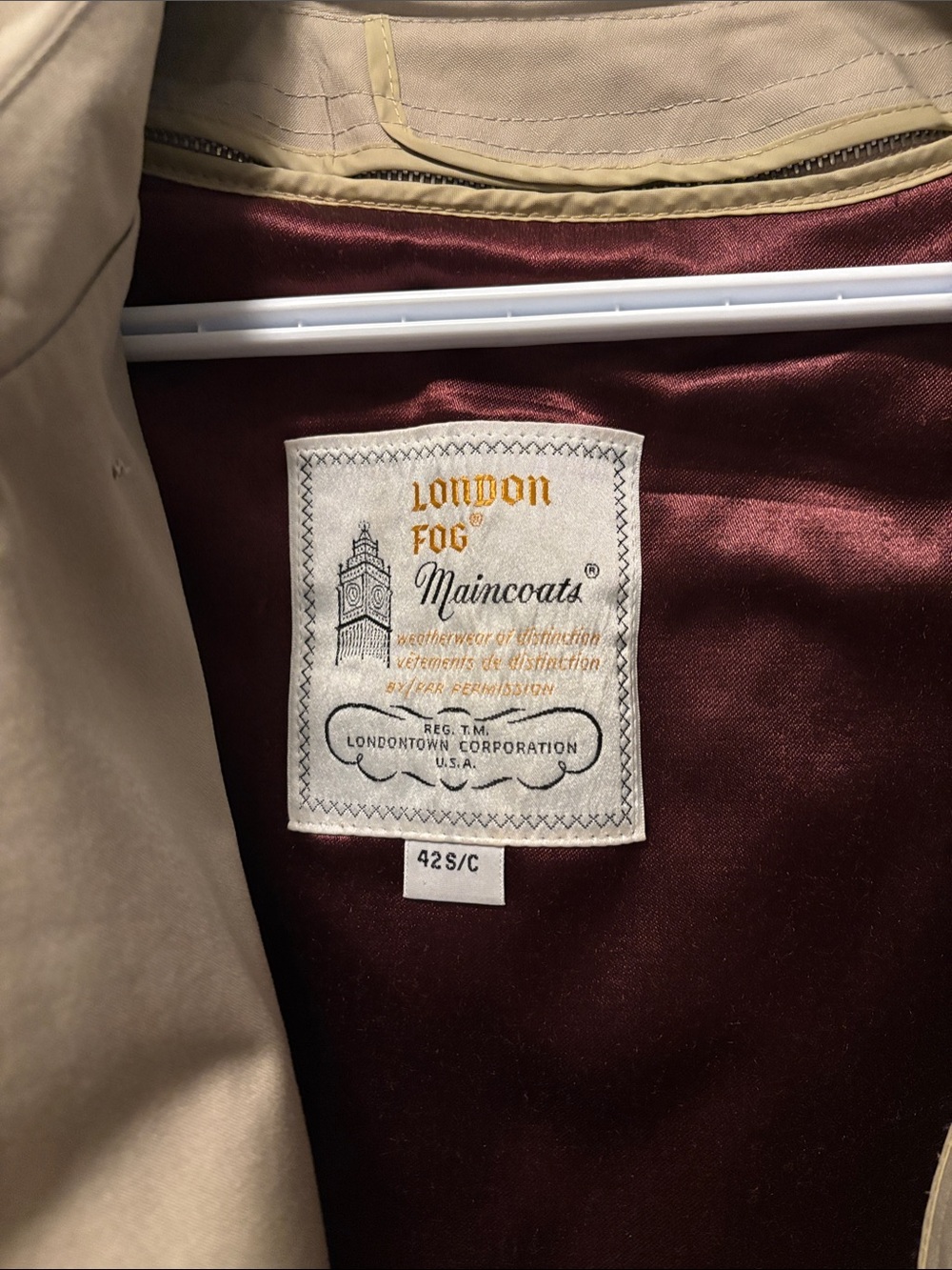 London Fog Beige Trench Coat with Burgundy Lining